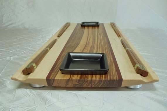 Two Person Sushi Board with Sauce Dishes - Zebrawood and Figured Maple