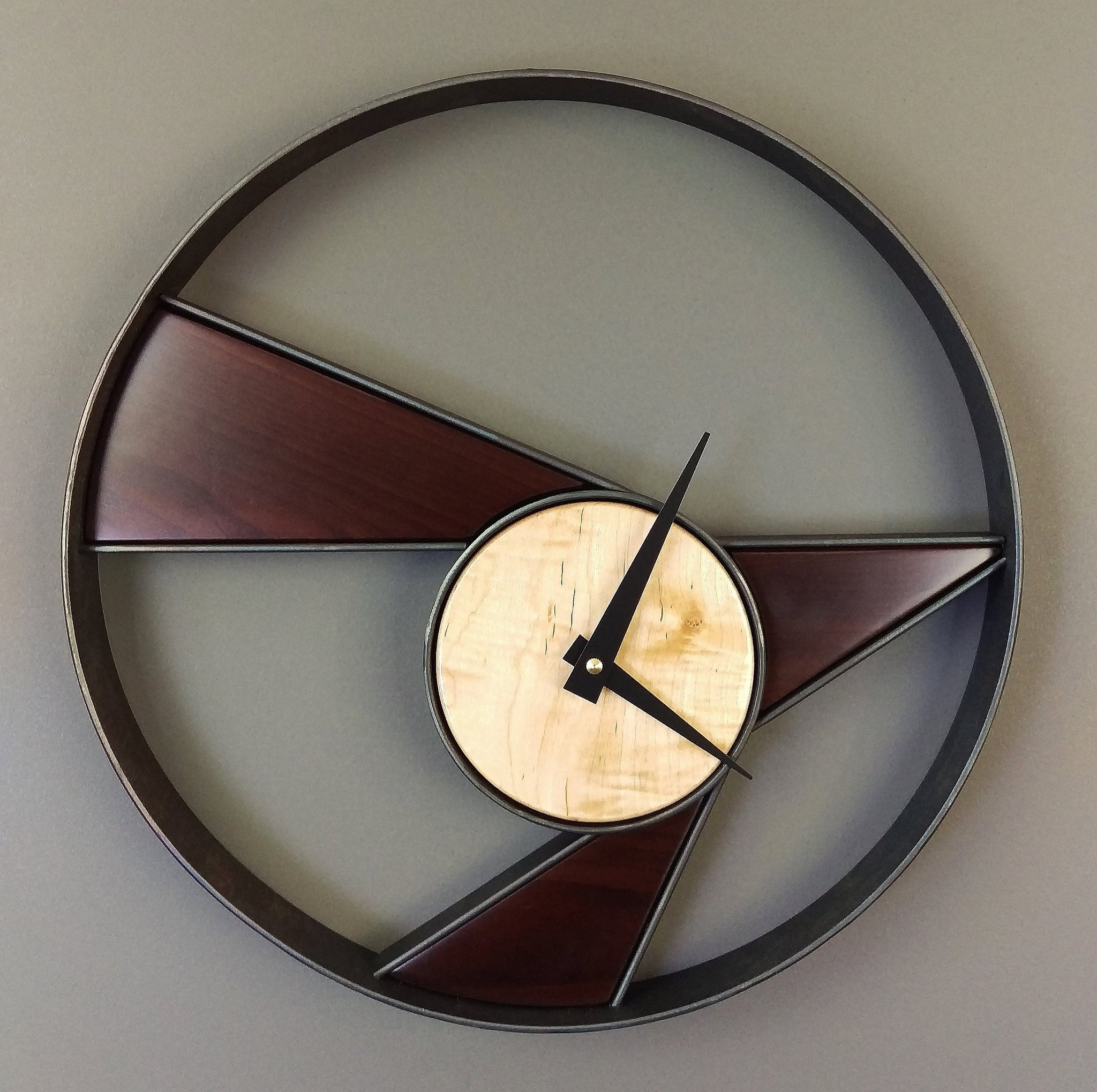 Modern Handcrafted Round Solid Wood Wall Clock, Inlayed Brass